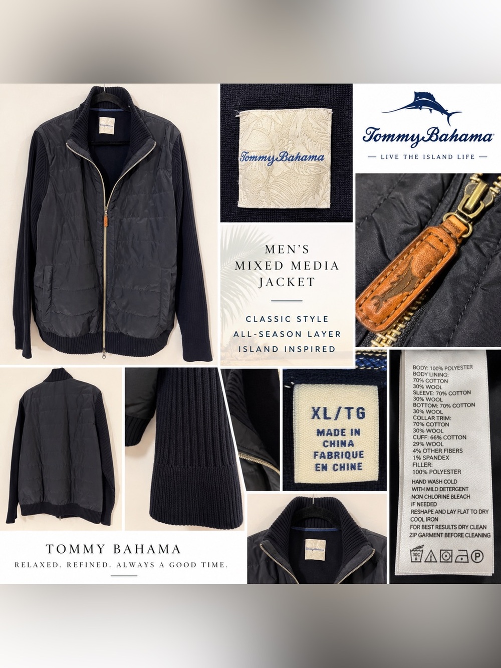 Tommy Bahama Men’s XL Navy Mixed Media Quilted Knit Jacket Cotton Wool Zip